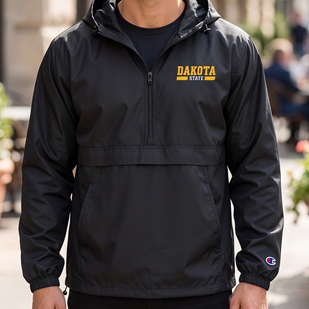 Champion Dakota State University Windbreaker Black Quarter Zip Hooded Jacket XL